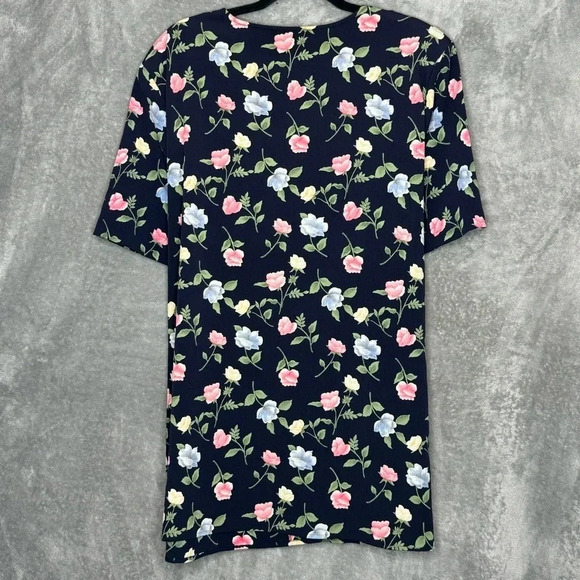Notations 2X Shirt Top Navy Blue Floral Flower Button Up Short Sleeve V Neck - Picture 4 of 6